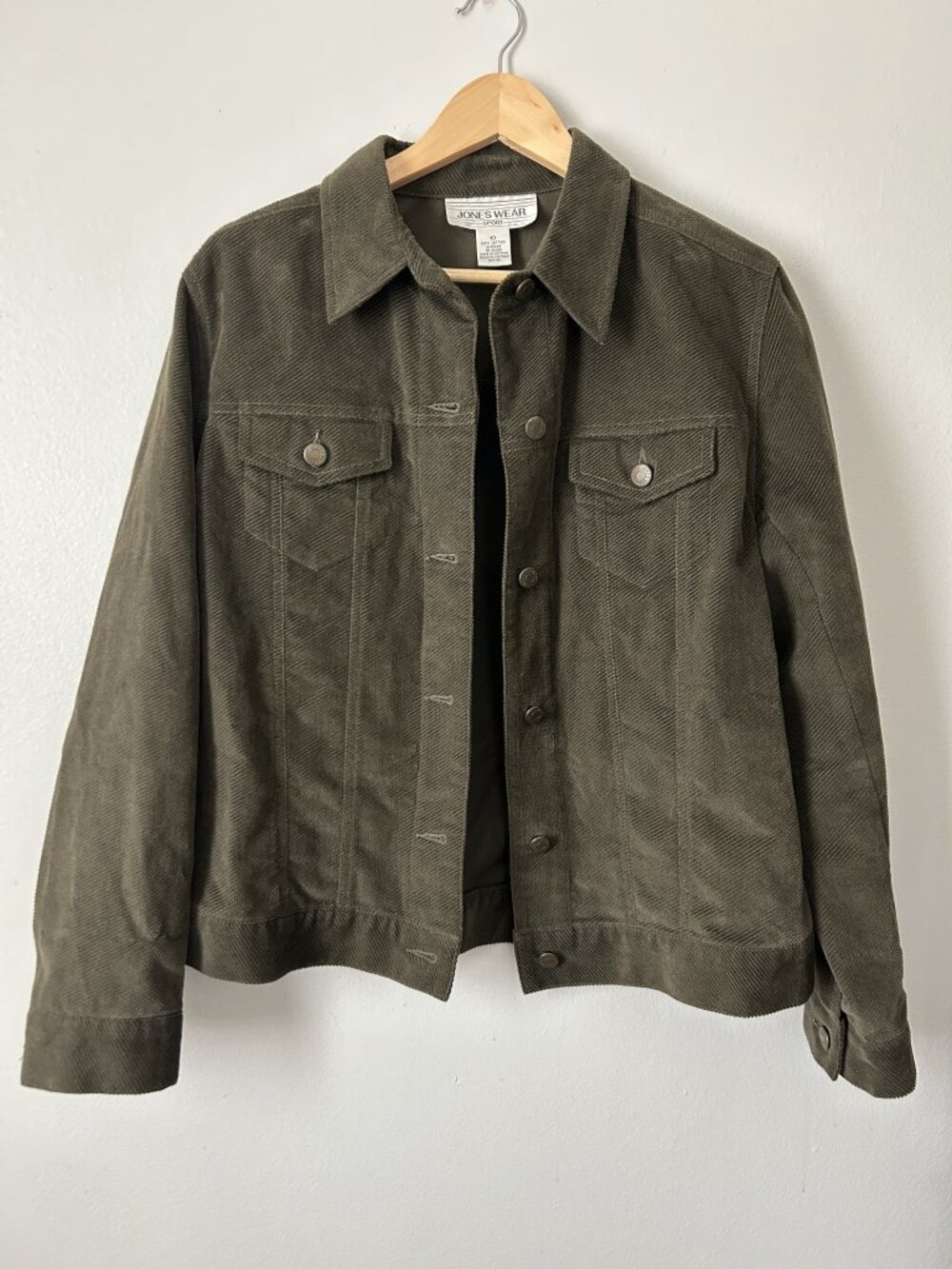 Jones Wear Sport Olive Green Corduroy Trucker Jacket Size 10